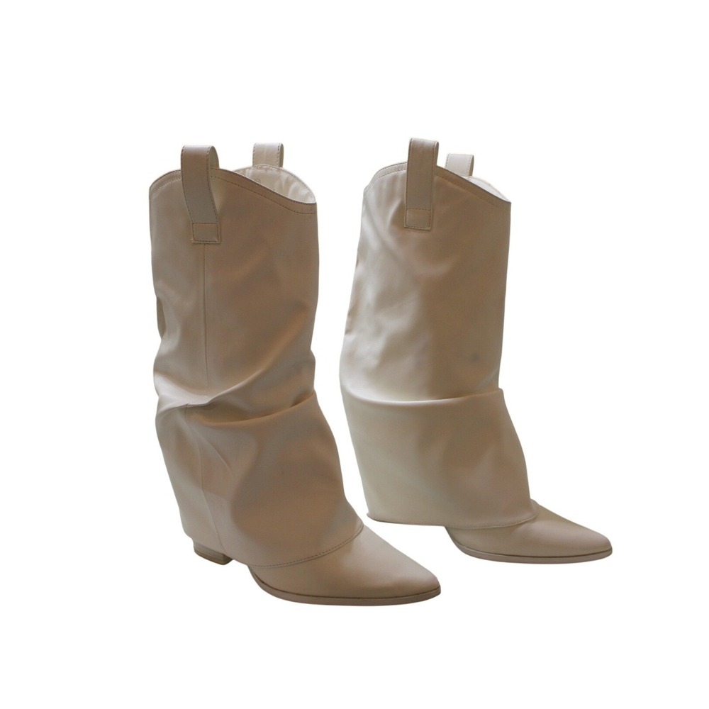 Fold Over Boots Women 7.5 White Good Shark Lock Style Pointed Faux Leather